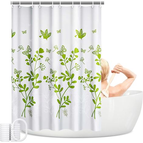 Rideau de douche 180x200cm, polyester imperméable – lavable en machine, Motif papillon et fleur, 12 crochets inclus (1/5)
