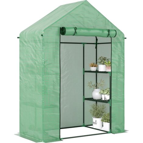 Serre de jardin en acier et plastique PE avec 4 étagères, cordes et piquets, 141 x 72 x 191 cm, verte (1/5)
