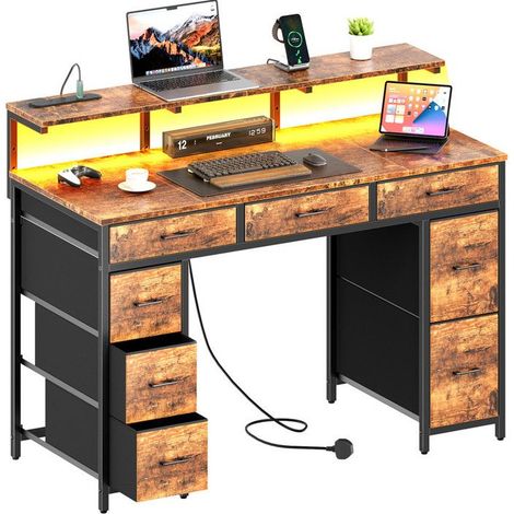 EcoFurnix, Desk with 8 Fabric Drawers, 120 × 50 cm LED Gaming Desk with Outlets & USB Ports, Gamer Desk, Brown (1/5)