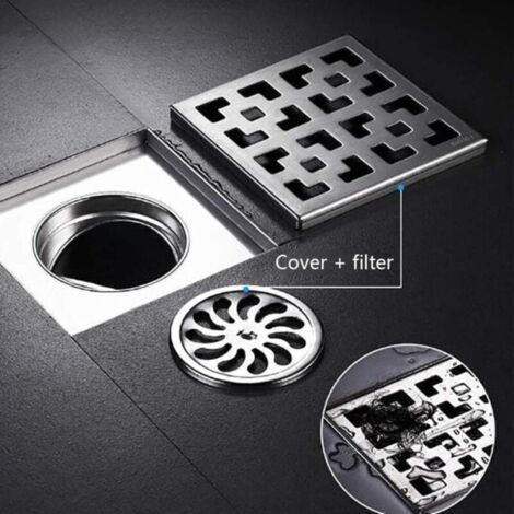 Bonde de douche carrée brossée, 10x10 cm, en acier inoxydable avec grille amovible et filtre à cheveux. (1/2)