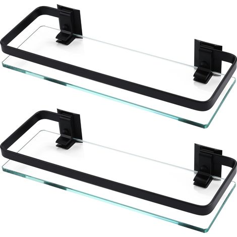 Etagere en Verre de Salle De Bains Aluminium Etagere Murale Tablette Douche 8MM Extra Épais en Verre Trempé Rectangulaire 2 Pack Noir, A4126A-BK-P2 (1/5)
