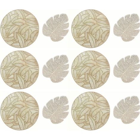 Placemats and Coasters Set Hollow Insulation 6 Pcs Round Dining Table Place Mats and 6 Pcs Leaf Shape Cup Coasters Gold (1/5)
