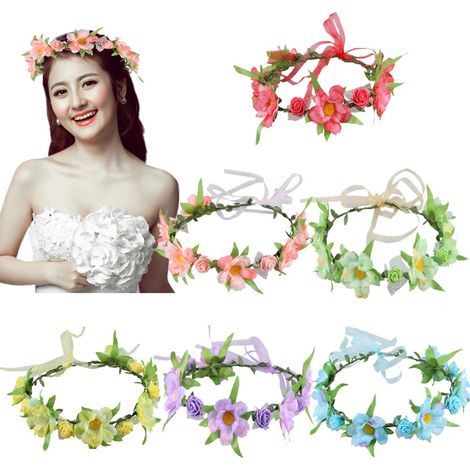 Couronne De Fleurs - 18 cm - Bandeau Floral Ajustable En Ruban Élastique - Pour Femme Fille Adolescent - 6 Pièces (1/5)