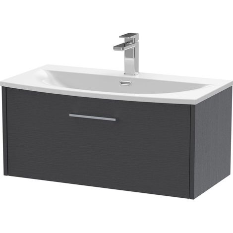 Winshill Contemporary 1 Drawer Wall Hung Vanity Unit with Curved Basin, Woodgrain Dark Grey, 800mm