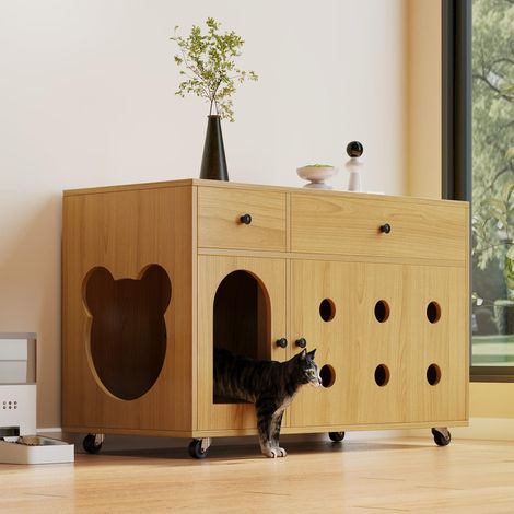 Mobile lettiera per gatto 100x45x66 cm in MDF naturale, salvaspazio per soggiorno FloraGrace (1/5)