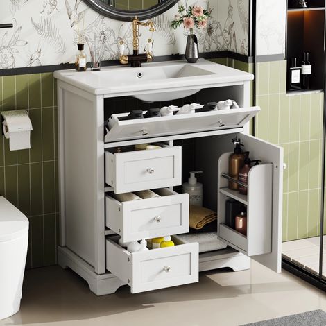 Meuble de salle de bain autoportant 76x46x87cm, meuble sous lavabo avec lavabo en céramique, finition laquée , tiroir silencieux