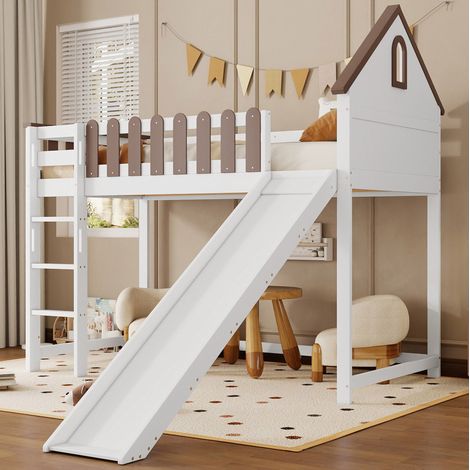 Lit mezzanine enfant en pin massif et MDF blanc, 90x200 cm, avec toboggan, échelle 3 marches et toit (1/5)