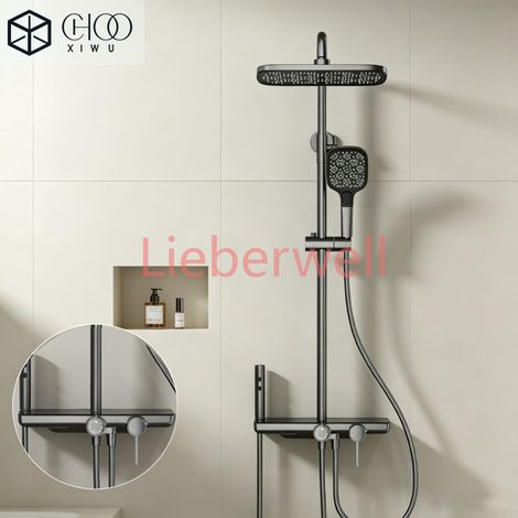 Ensemble de douche gris anthracite neuf en laiton avec support de rangement, mitigeur chaud/froid, installation simple, multifonctionnel (1/4)