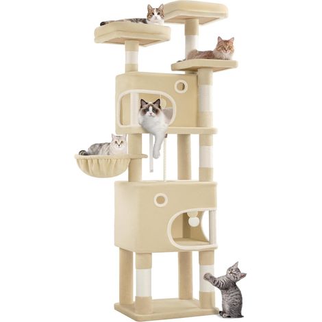 Arbre à chat 180 cm avec 3 plateformes, 2 grottes, 8 griffoirs, panier en peluche – Stable et facile à assembler – Beige