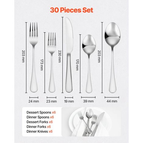 Ménagère 30 pièces, couverts en acier inoxydable de qualité alimentaire, finition miroir, lavables au lave-vaisselle, avec couteau,… (1/5)