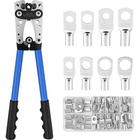 Pince a Sertir Cosse Electrique, Cosse a Sertir 10-1/0 Awg 6/10/16/25/35/50 mm² avec 60 Pièces Cosses en Cuivre de 8 Tailles pour CâBles de Batterie Résistants (1/5)