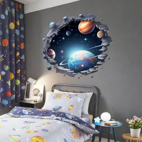 Autocollant mural pour chambre à coucher, papier peint galaxie pour enfants, garçons, espace chambre à coucher, décalcomanies murales personnalisées, accessoires de porte, autocollant (1/5)