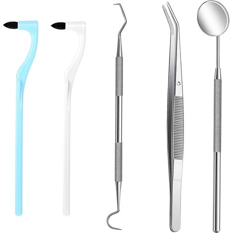 Kit Dentaire 5 Pièces - Détartreur avec Miroir, Sonde, Pince et 2 Accessoires de Mastication (Bleu/Blanc) - Kit Nettoyage Tartre et Caseum pour Hygiène Buccale à Domicile (1/5)