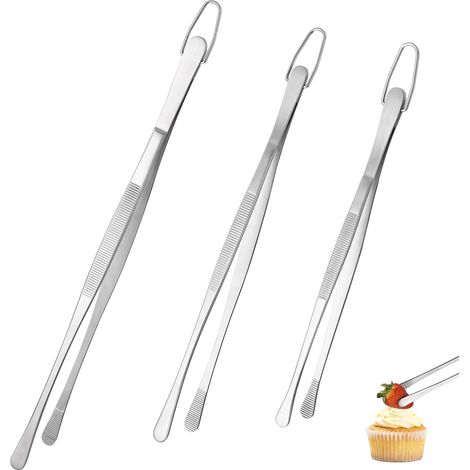 Set de 3 Pinces de Cuisine – Acier Inoxydable 18/8 Alimentaire, Soudure Sans Joint – Pour Cuisson, Pâtisserie, Service, Friture, Décoration, Dressage et Barbecue (Embout Rond, Argenté)
