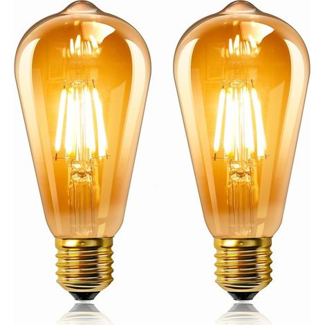 Set mit 2 Vintage Edison E27 LED-Lampen, 6 W, bernsteinfarbenes Glas, warmweiß 2200 K, entspricht 60 W Glühlampe, 600 lm, 220 V Wechselstrom, nicht dimmbar, ST64 Glühfaden, Retro-Design, dekorativ für (1/5)