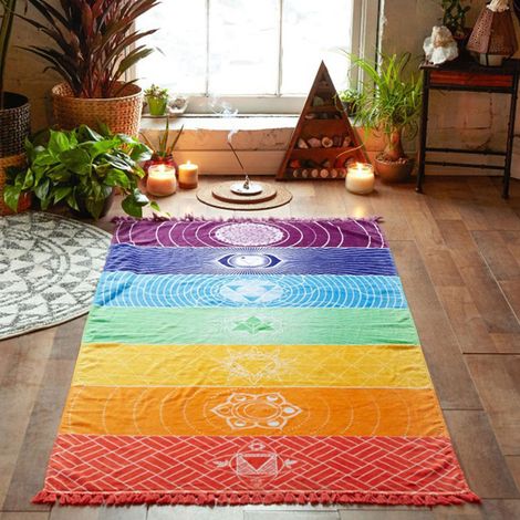 Tapis de yoga mandala carré arc-en-ciel, tapis de plage, serviette de bain, tapis de yoga, tapisserie roue de vie aux sept couleurs, 150 x 75 cm (1/5)