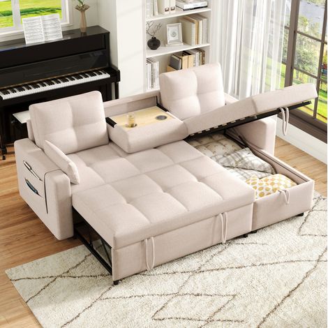 Divano letto angolare in lino beige 211x136x87 cm, modulare con chaise longue reversibile e vano contenitore (1/5)