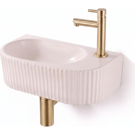 QeramiQ Fuente Lavabo pour WC - 40x22x12 cm - nervure - demi-rond - trou de robinet de Lavabo pour WC a droite - ceramique - robinet de Lavabo pour WC (1/5)