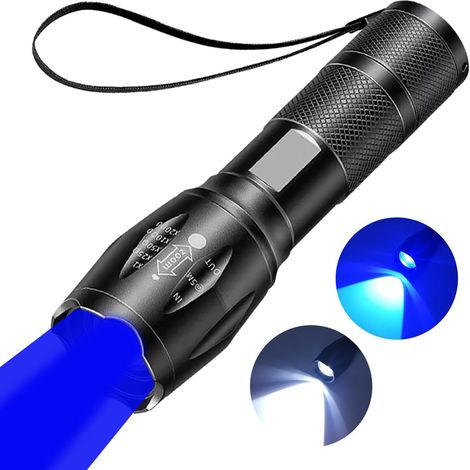Lampe de poche bleue rechargeable 2 en 1 super lumineuse avec zoom 2000 lumens avec combinaison de lumière blanche et bleue, lampe de poche étanche pour la pêche, les cartes et les cartes