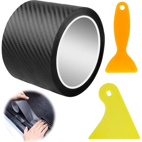 Film de voiture en carbone, protège-marche-pieds, autocollant en vinyle auto-adhésif, avec grattoir en plastique, 3D autocollant noir pour la plupart des voitures, vélos et motos (10 cm × 300 cm) (1/5)