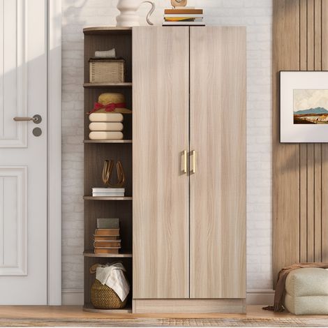 Armario ropero de 2 puertas con estantes y barra para colgar, 90x55x170 cm, madera natural OKMYHOME (1/5)
