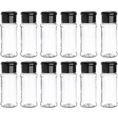 Lot de 12 pots à épices en plastique avec couvercles, 100 ml, pour le rangement des épices et du poivre. (1/4)