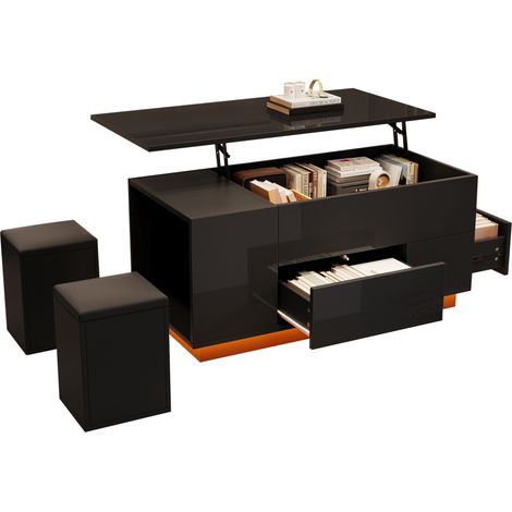 Table basse relevable 4 en 1 100x50x45 cm avec LED, 2 tiroirs, 2 tabourets, charge max 50 kg, noir