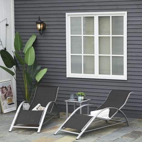 Lot de 2 bains de soleil design contemporain table basse plateau verre trempé métal époxy textilène gris foncé (1/5)