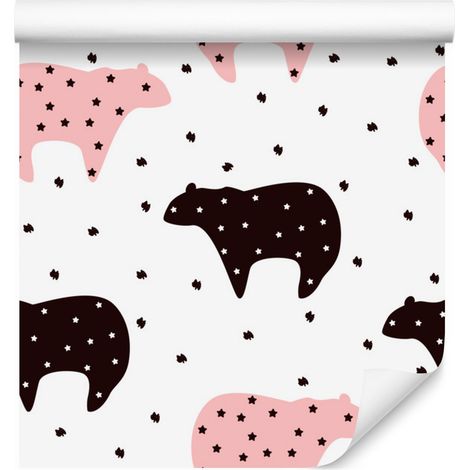 Papel pintado de ositos de peluche y estrellas en negro y rosa para salón y dormitorio, 50x1000 cm. (1/5)