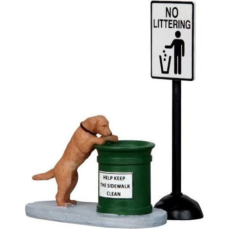 Cartello "Non gettare rifiuti" con cagnolino accessori in poliresina per villaggio di Natale