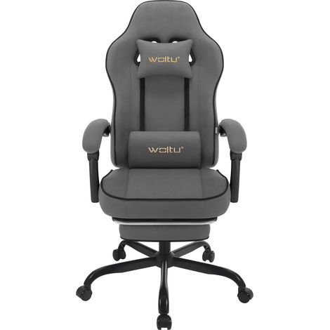 WOLTU Silla Gaming con MasajeSilla Gaming con Reposapiés Telescópico, Reposacabezas y Soporte Lumbar, Tejido Tecnológico, Gris