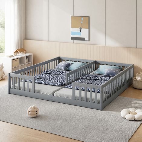 Letto doppio 90x200 cm in legno e MDF grigio, salvaspazio per cameretta, senza materasso (1/5)
