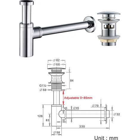 Bonde Lavabo Pop-Up Chrome G1¼ + Siphon Bouteille Mural Anti-Odeur Laiton Salle de Bain Design Moderne Universel (1/3)