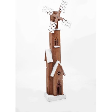 Holz Windmühle mit drehendem Windrad - 80 cm - Weihnachts Deko mit LED Beleuchtung - Weihnachts Winter Deko Holz Aufsteller