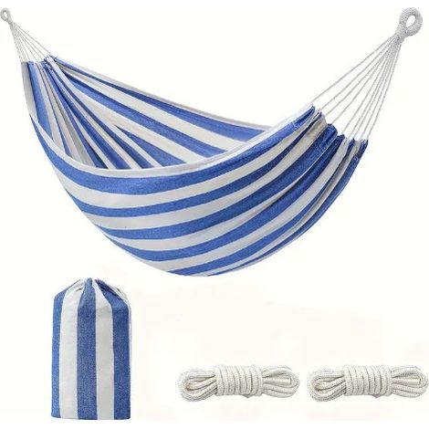 Lit double à rayures bleues et blanches 260150 Hamac simple en toile, rayé épais, pour le camping en extérieur, avec panier de suspension amovible et lavable. (1/5)