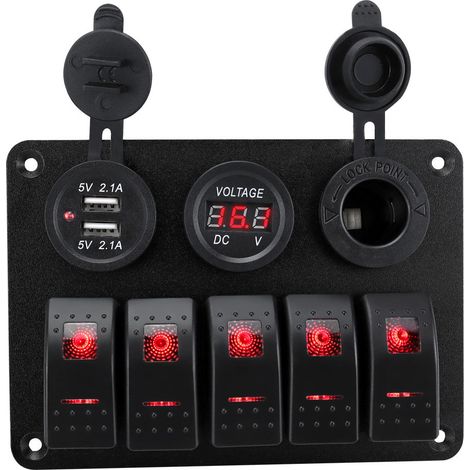 Wasserdichter Kippschalter für den Marinebereich mit LED 5+3, Kombinierte USB-Anschluss und Zigarettenanzünder 12V, Schalterpanel für Wohnmobile, Boote und Autos, Rot-lsw