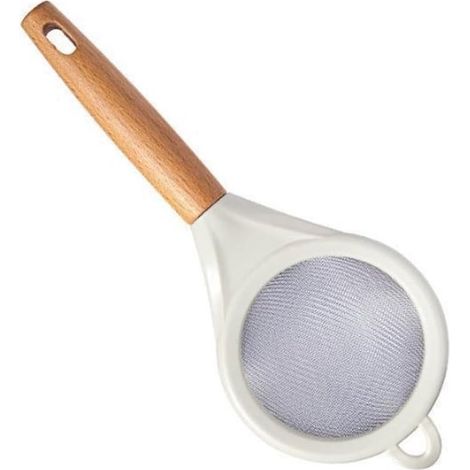 Setaccio piccolo e fine con manico in legno, ideale per cucinare, cuocere al forno e filtrare tè, caffè e succhi di frutta. (1/5)