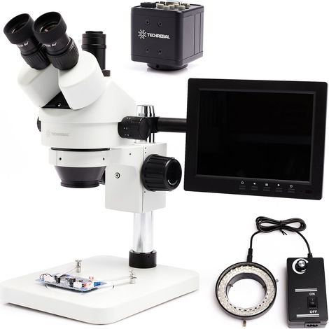 Microscopio stereoscopico trinoculare Techrebal 10HT, ingrandimento 7X - 45X, fotocamera da 2 MP, schermo da 8 pollici, illuminazione a LED 60x. (1/5)