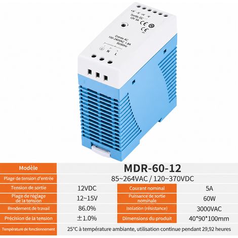 Alimentation rail DIN MDR-60-12V transformateur AC-DC 12V 5A 60W mdr-60-12v 12 5 60 4 × 9 × 10 cm 300 g – Livraison gratuite