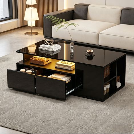 Couchtisch 100x50x35 cm Schwarz mit LED und 2 Schubladen, Spanplatte, MEUBLIV (1/5)
