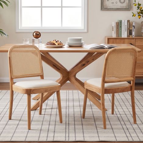 sedie da pranzo in legno massello con schienale in rattan, comode e traspiranti, adatte a sale da pranzo, soggiorni, caffè, stile moderno, lino, colore legno (1/5)