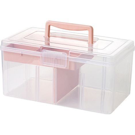 Boîte de rangement multifonctionnelle et portable, avec deux compartiments transparents. Grande boîte de rangement rose. (1/5)