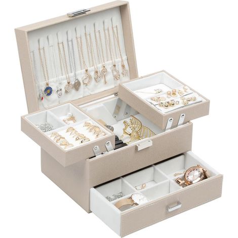 Schmuckkästchen 3 Ebenen PU Leder Geschenkbox Mädchen Champagnerfarben (1/5)