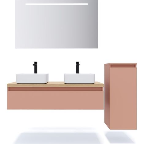 Meuble de salle de bain suspendu 2 vasques à poser 120cm 1 tiroir Abricot + miroir + colonne ouverture droite - Hudson (1/5)