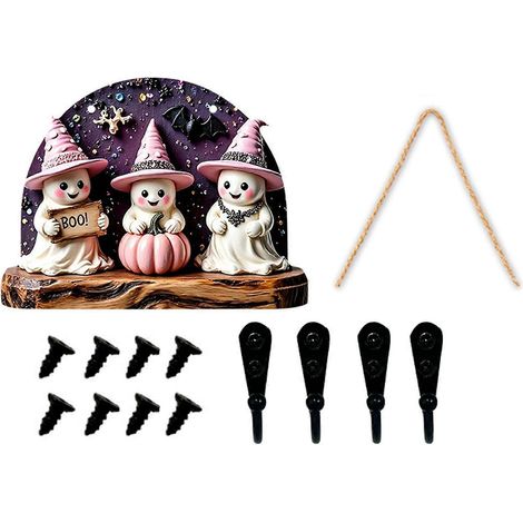 Décoration murale en bois rose d'Halloween, citrouille fantôme mignonne avec crochet pour clés, organisateur mural pour clés A (1/5)