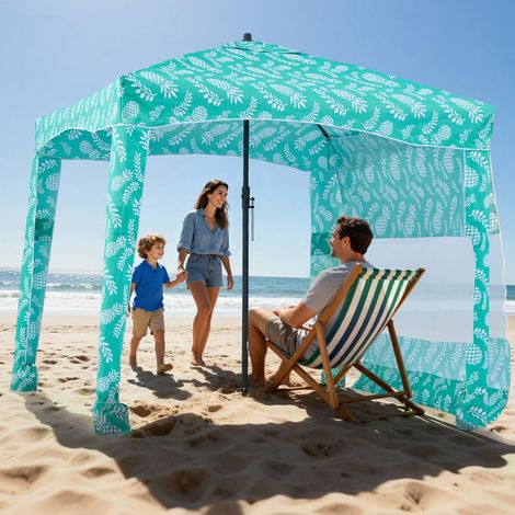 Tonnelle de Plage 1,83x1,83 m, Abri de Plage avec Parois Latérales et Poches à Sable, Tente de Camping Extérieur Portable avec Sac, Protection UPF 50+, Hauteur Réglable, Ombrage Spacieux, Vert (1/5)