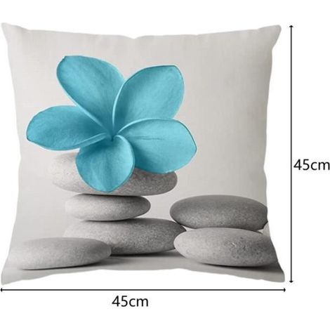 Housse De Coussin - Lin Naturel - Motif Fleuri Bleu Avec Décor Pierre - Carré 45x45 Cm - 1 Pièce (1/4)