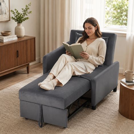 Canapé-lit 4 en 1 une place avec méridienne inclinable matelassée en velours gris foncé (1/5)