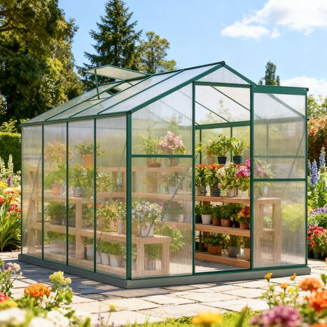 Serra da Giardino 190x253x200 cm, con Tetto a Spiovente e Fondamenta, 1 Finestra e Porta, Facile da Installare, Alluminio, Verde (1/5)