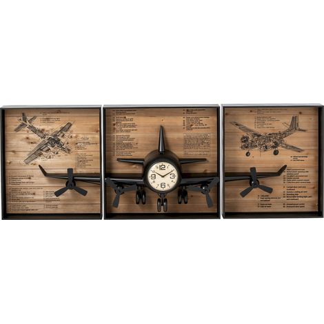 Horloge murale avion en métal noir - noir et bois (1/5)